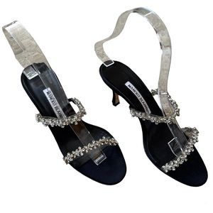 EUC Manolo Blahnik Diora Black Satin Crystal Bands Open Toe Heel Sandals IT 36.5